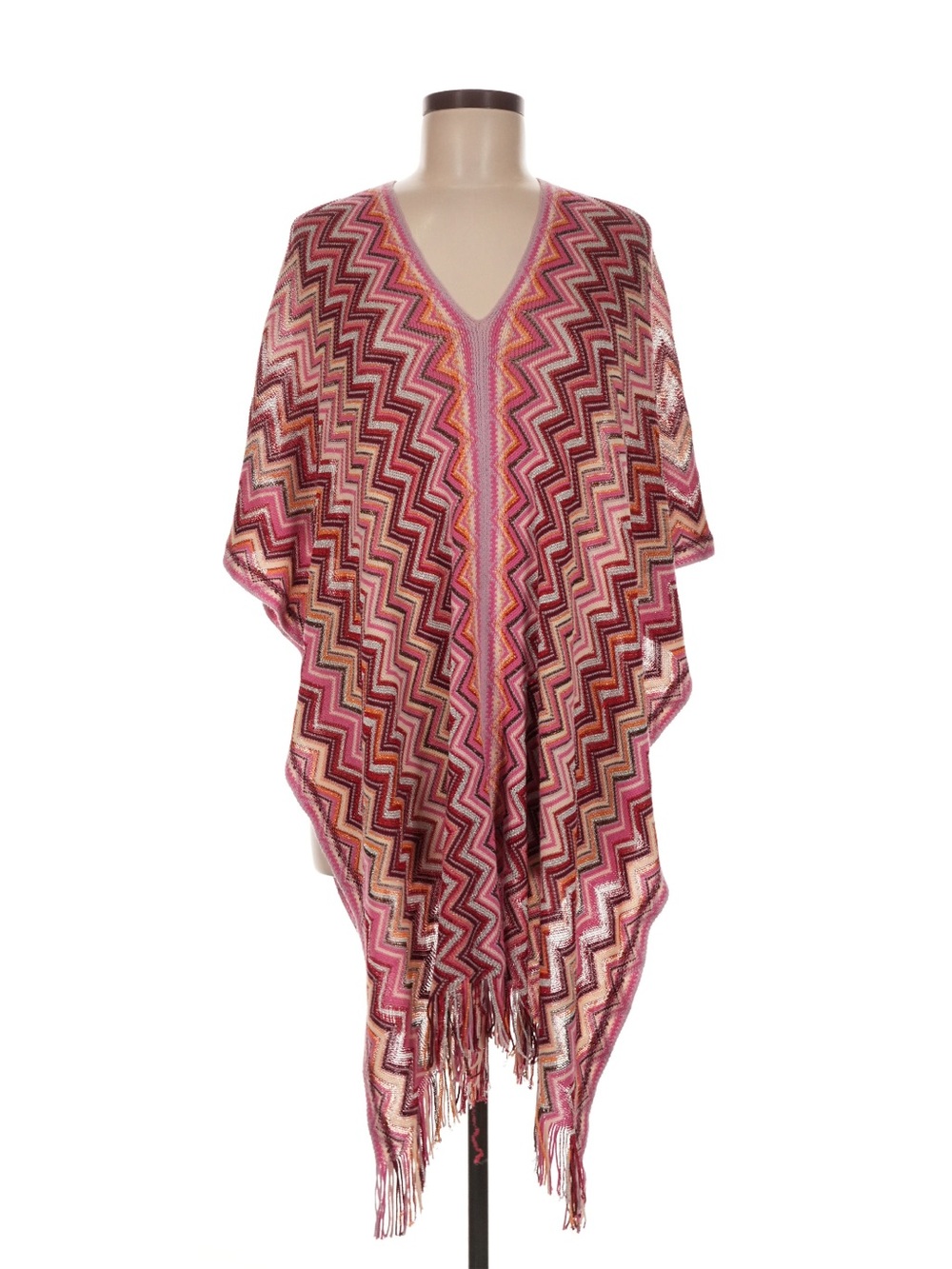 Missoni Striped Chevron Fringe Knit Poncho in Pink Multicolor